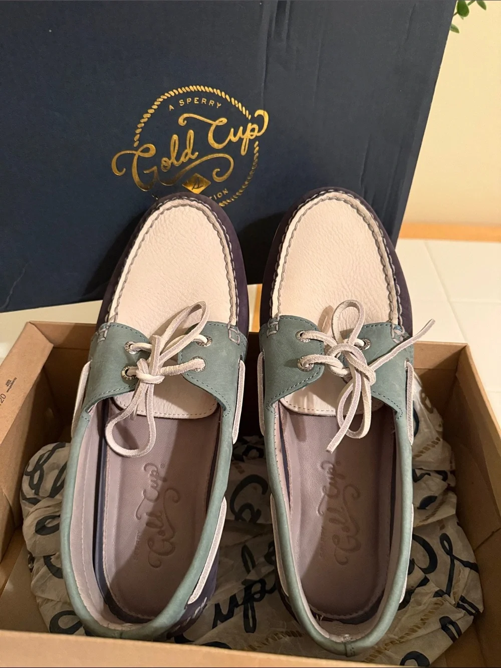 Sperry Men’s Gold Cup Collection Boat Shoes Navy/Reef/Ivory Lambskin Lined